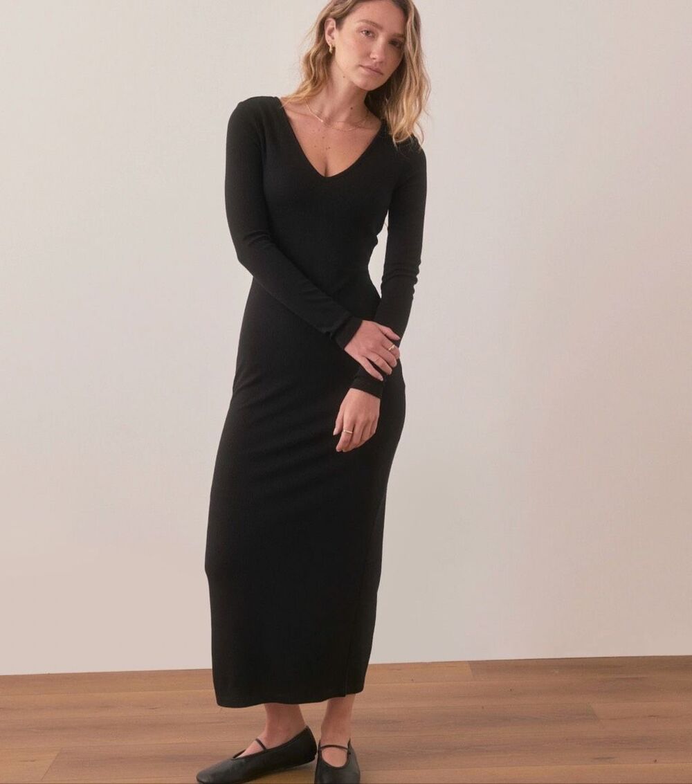 Marine Layer Lexi Long Sleeve V-Neck Maxi Dress in Black Large